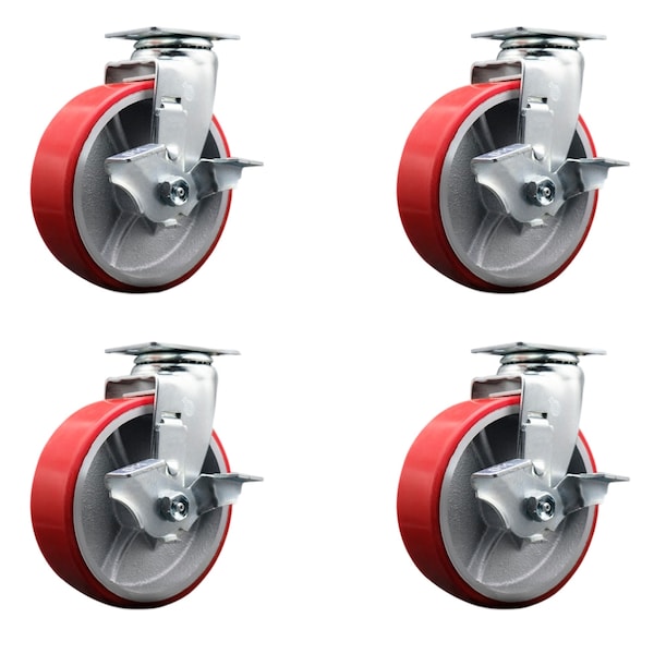 6 Inch Red Poly on Cast Iron Swivel Caster Set with Roller Bearings and Brakes